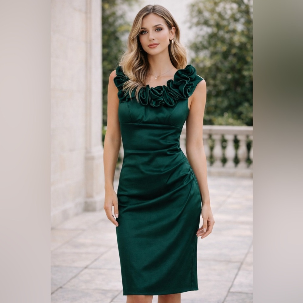 Xscape Dark Emerald Sleeveless Midi Dress with Ruffle Neck